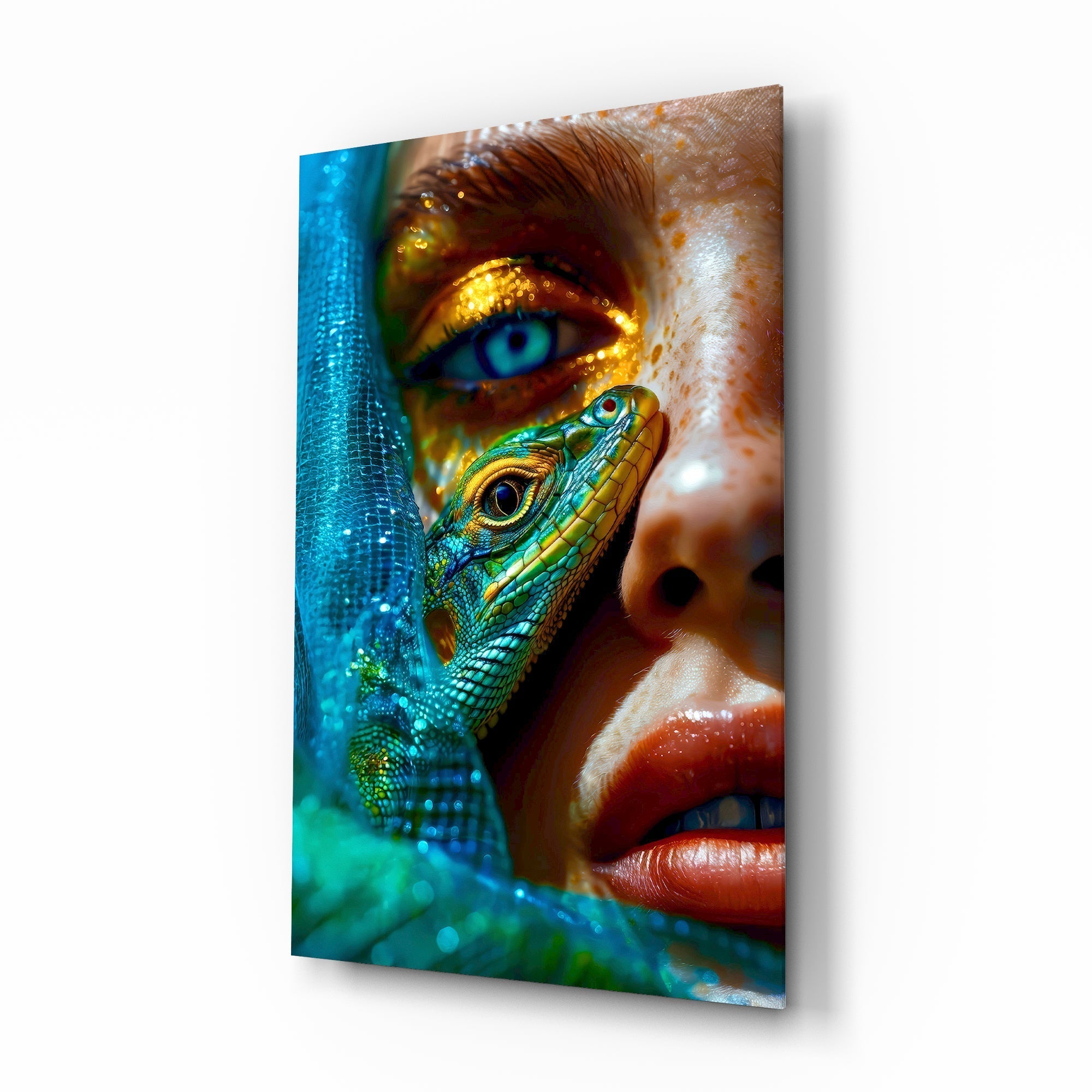 Green lizard on cheek cinematic glass wall art over walnut console in designer fashion atelier