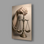 Lady Justice Renaissance cinematic glass wall art in corporate boardroom