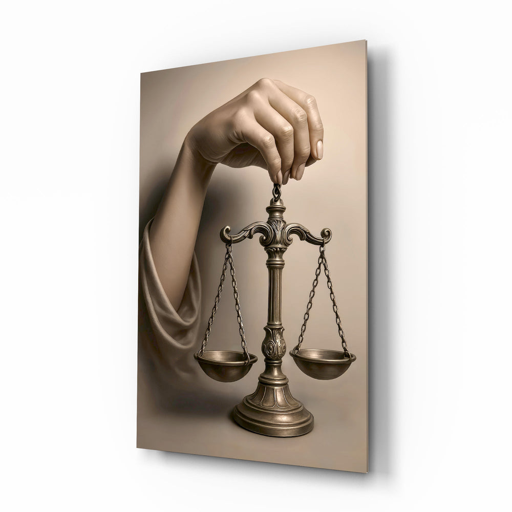 Scales of justice classical arm cinematic glass wall art over walnut console in designer law office