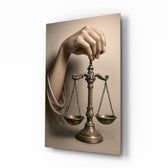 Scales of justice classical arm cinematic glass wall art over walnut console in designer law office
