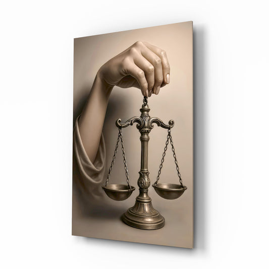 Scales of justice classical arm cinematic glass wall art over walnut console in designer law office