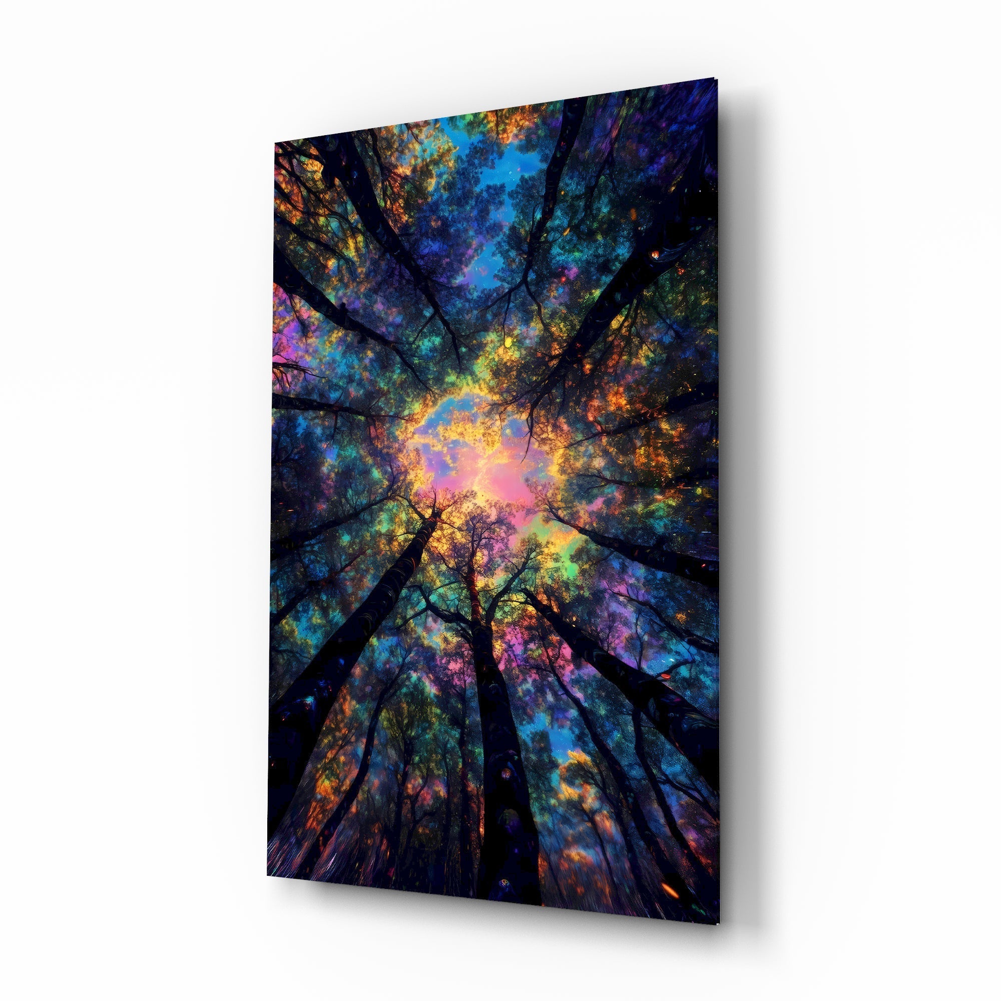 Psychedelic forest canopy cinematic glass wall art over walnut console in designer entertainment den