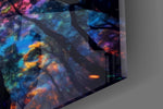Rainbow canopy cinematic glass wall art in teen alt-music-fan bedroom