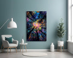 Kaleidoscope forest cinematic glass wall art in meditation studio