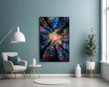 Kaleidoscope forest cinematic glass wall art in meditation studio