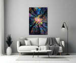 Peter-Max style cinematic glass wall art in heritage stairwell
