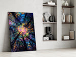 Pop-psychedelia cinematic glass wall art in private library reading nook