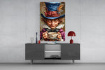 Tea-time fantasy cinematic glass wall art in light-filled atelier