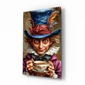 Mad Hatter Tim Burton portrait cinematic glass wall art over walnut console in designer entertainment den