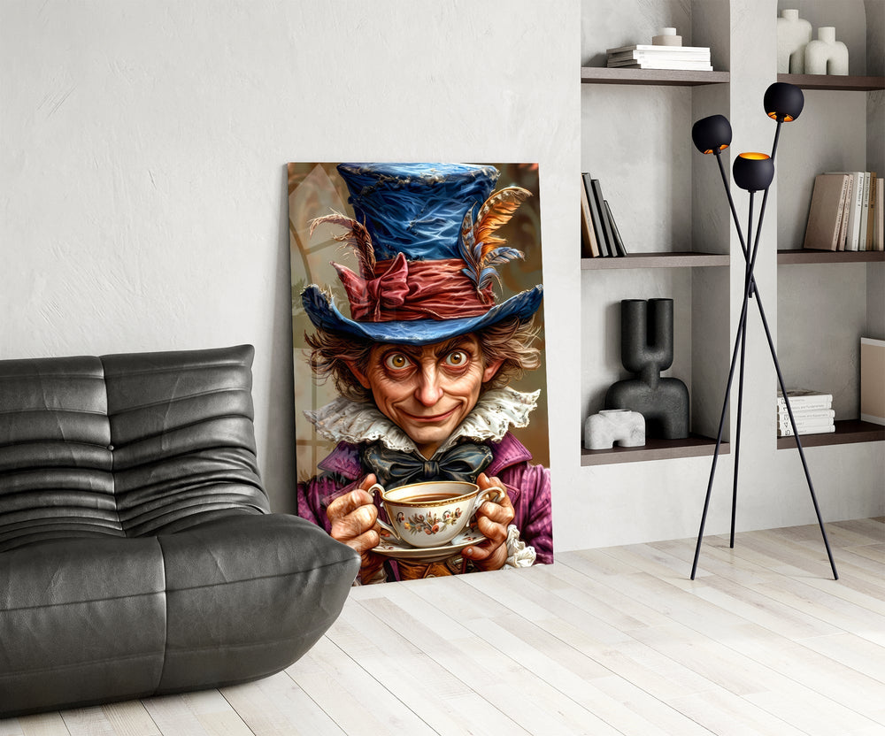 Alice-in-Wonderland cinematic glass wall art over modern dining sideboard