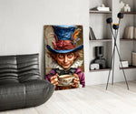 Alice-in-Wonderland cinematic glass wall art over modern dining sideboard