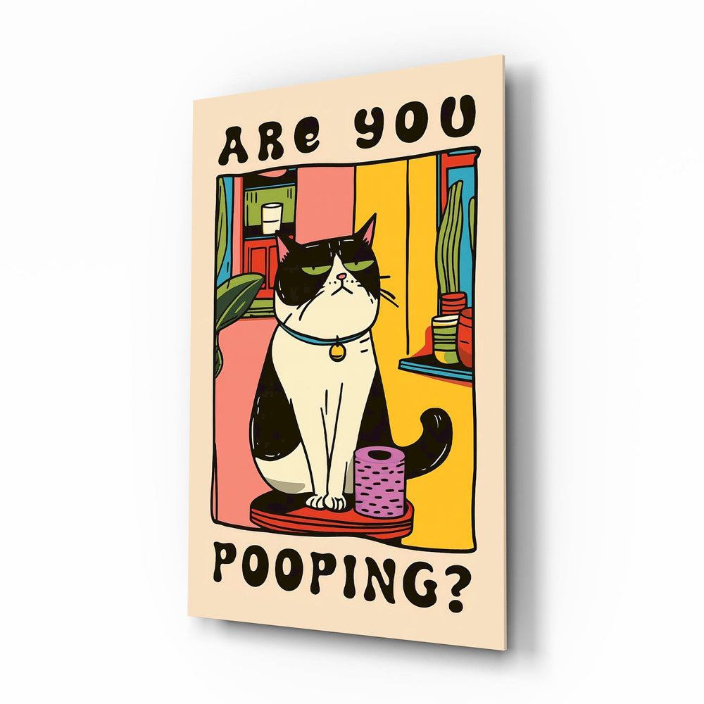 Are You Pooping cat bathroom cinematic glass wall art over walnut console in designer guest bathroom