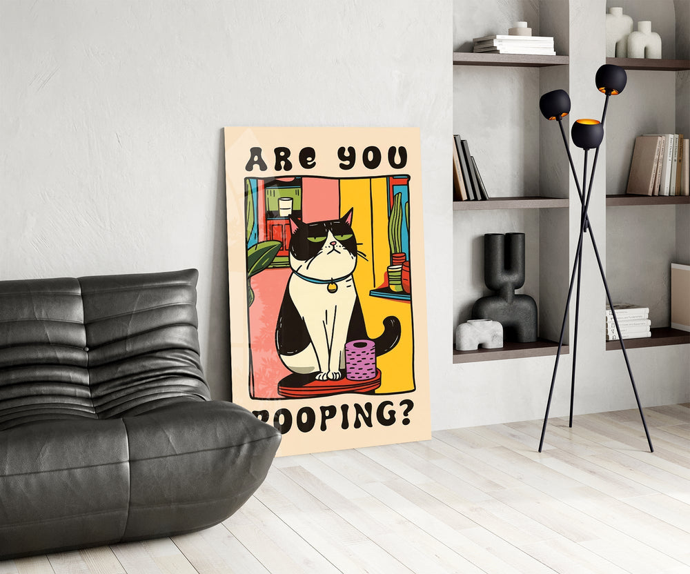 Toilet humor cinematic glass wall art over modern bar console