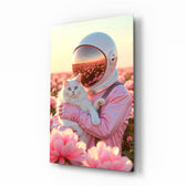 Pink astronaut white cat peonies cinematic glass wall art over walnut console in designer feminine-luxe boudoir