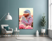 Cat-and-cosmonaut cinematic glass wall art in wellness clinic reception