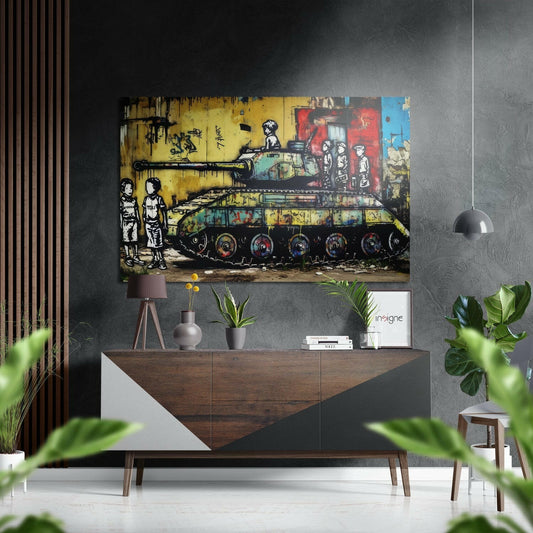 Çocuklar Ve Tank Fırçalı Metalik Alu-Dibond.