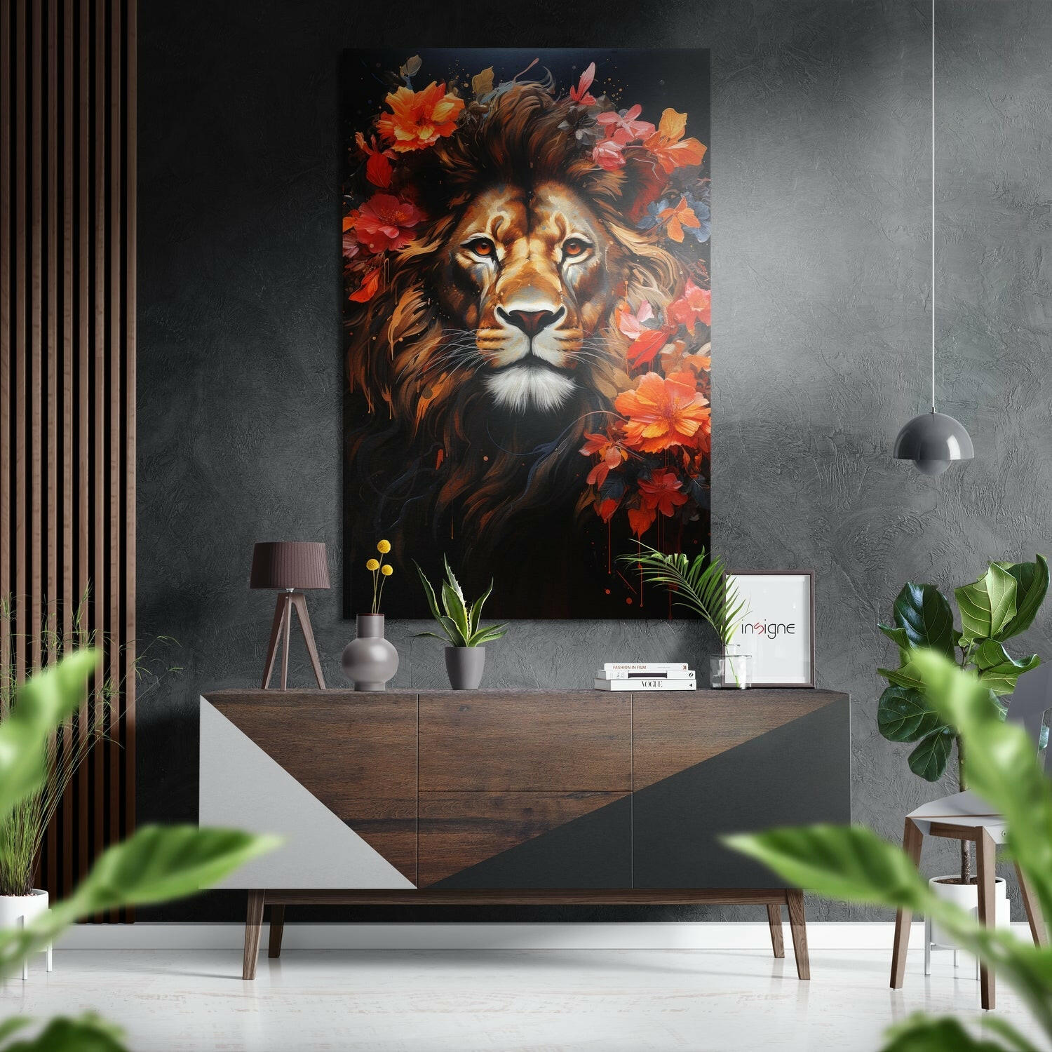Çiçeklerdeki Aslan Fırçalı Metalik Alu-Dibond.