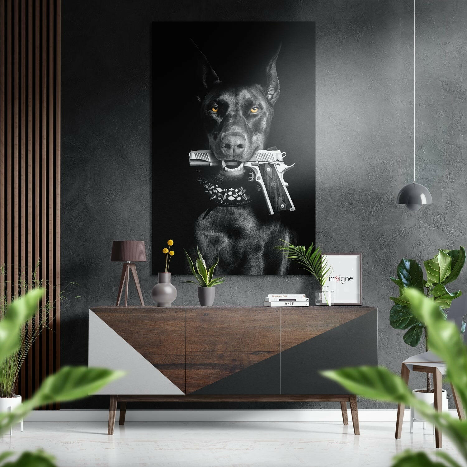 Köpek Ve Silah Fırçalı Metalik Alu-Dibond.