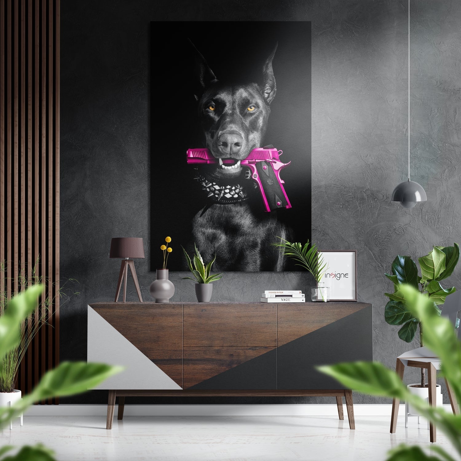 Köpek Ve Silah Fırçalı Metalik Alu-Dibond.