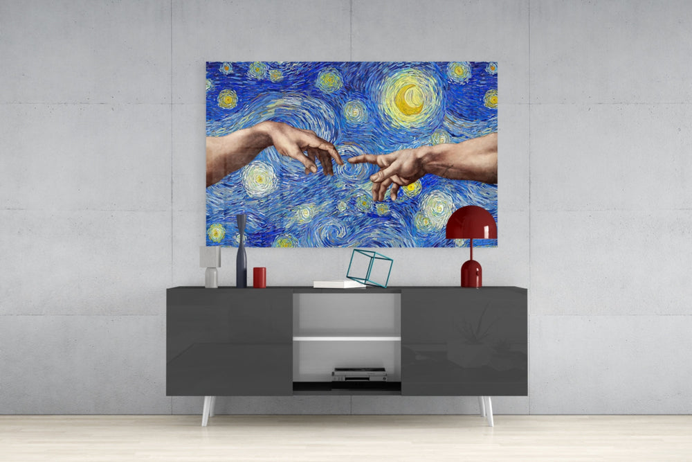 Van Gogh Tarzında Tanrı ve Adem'in Elleri Cam Tablo