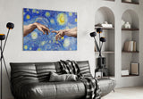 Van Gogh Tarzında Tanrı ve Adem'in Elleri Cam Tablo