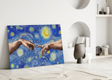 Van Gogh Tarzında Tanrı ve Adem'in Elleri Cam Tablo