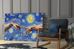 Van Gogh Tarzında Tanrı ve Adem'in Elleri Cam Tablo