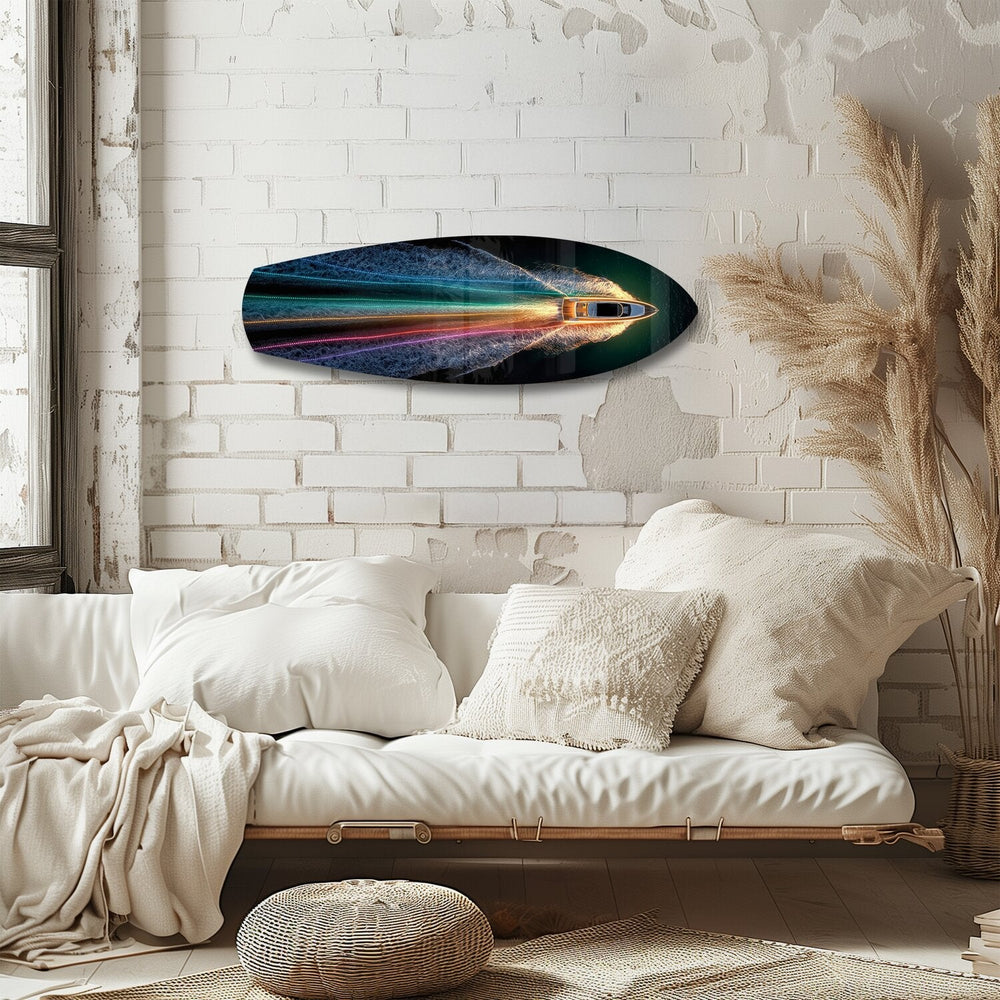 Sürat Teknesi Gökkuşağı Işık İzleri Cam Tablo.