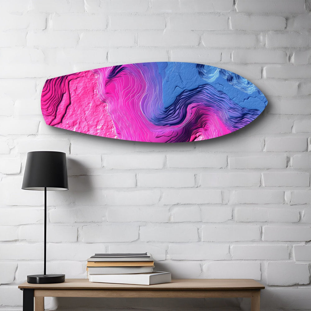 Pembe Mavi Topografik Dalga Soyut Cam Tablo.
