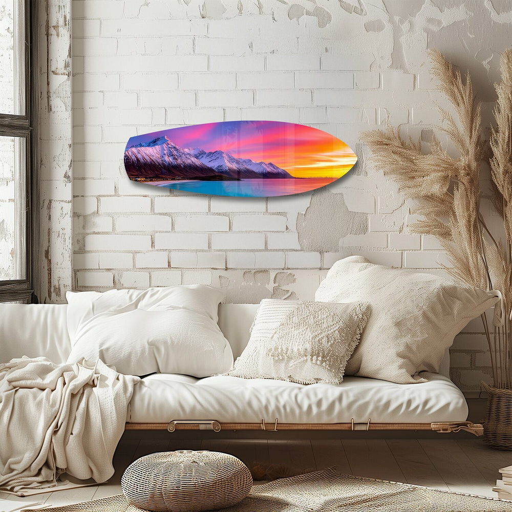 Karlı Dağlar Pastel Gün Batımı Cam Tablo.