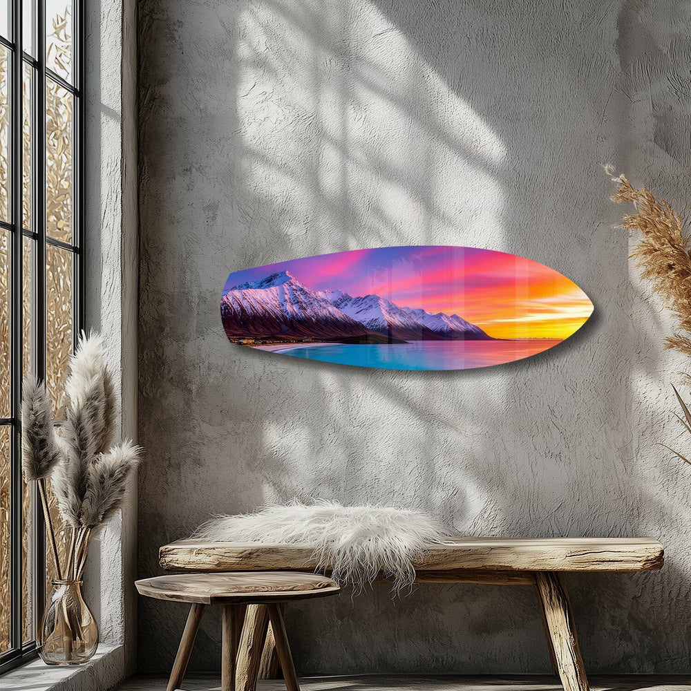 Karlı Dağlar Pastel Gün Batımı Cam Tablo.