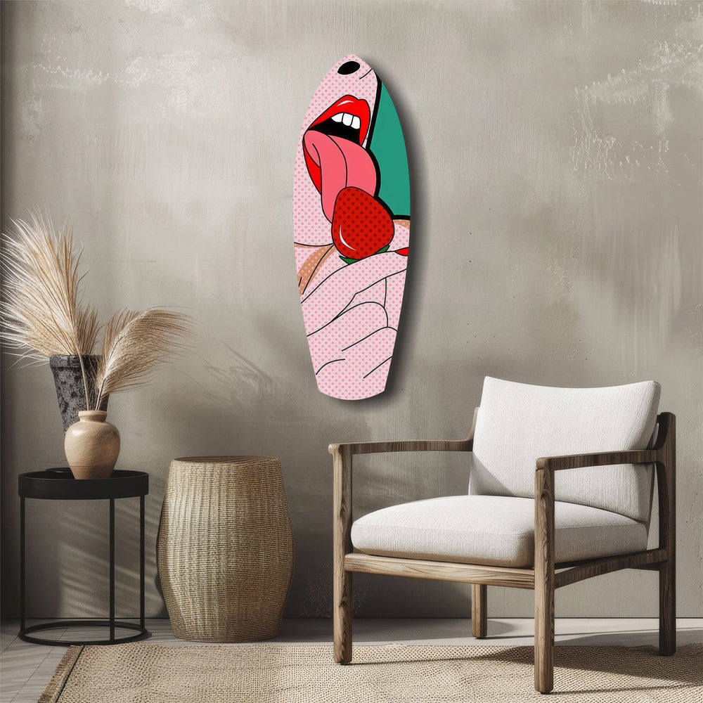 Pop Art Dudaklar Çilekli Dil Cam Tablo.