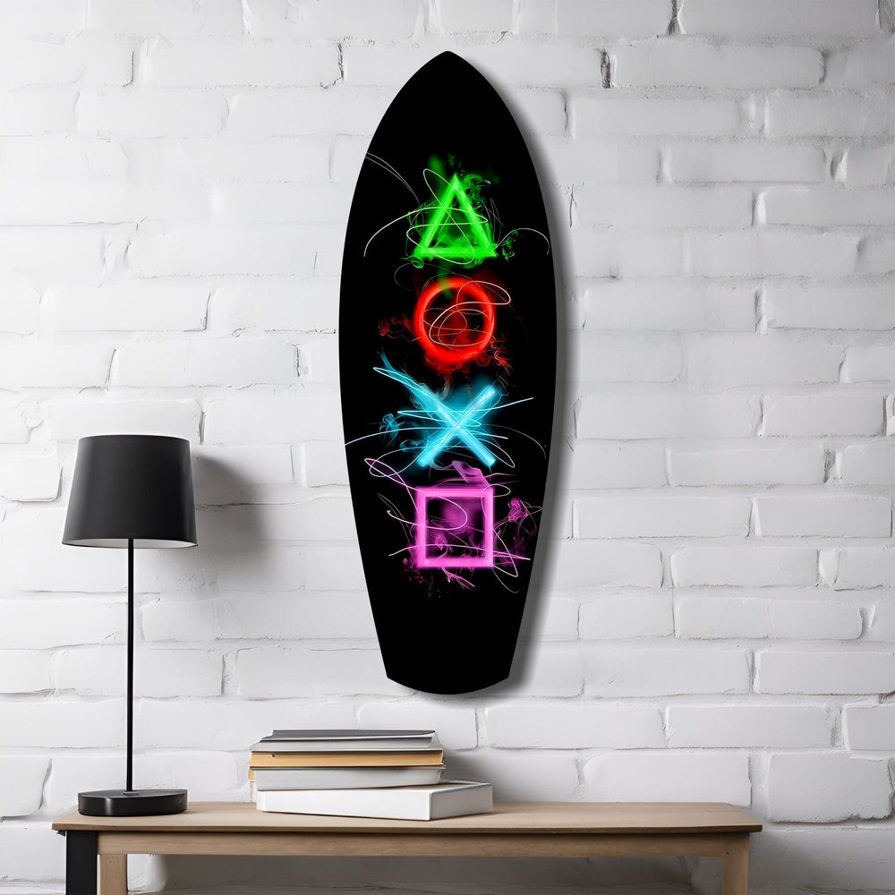 Neon Geometrik İkonlar Gamer Parlama Cam Tablo.