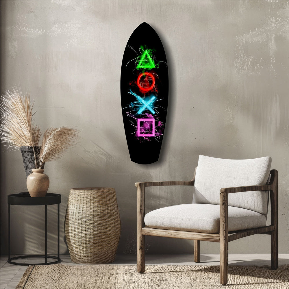 Neon Geometrik İkonlar Gamer Parlama Cam Tablo.