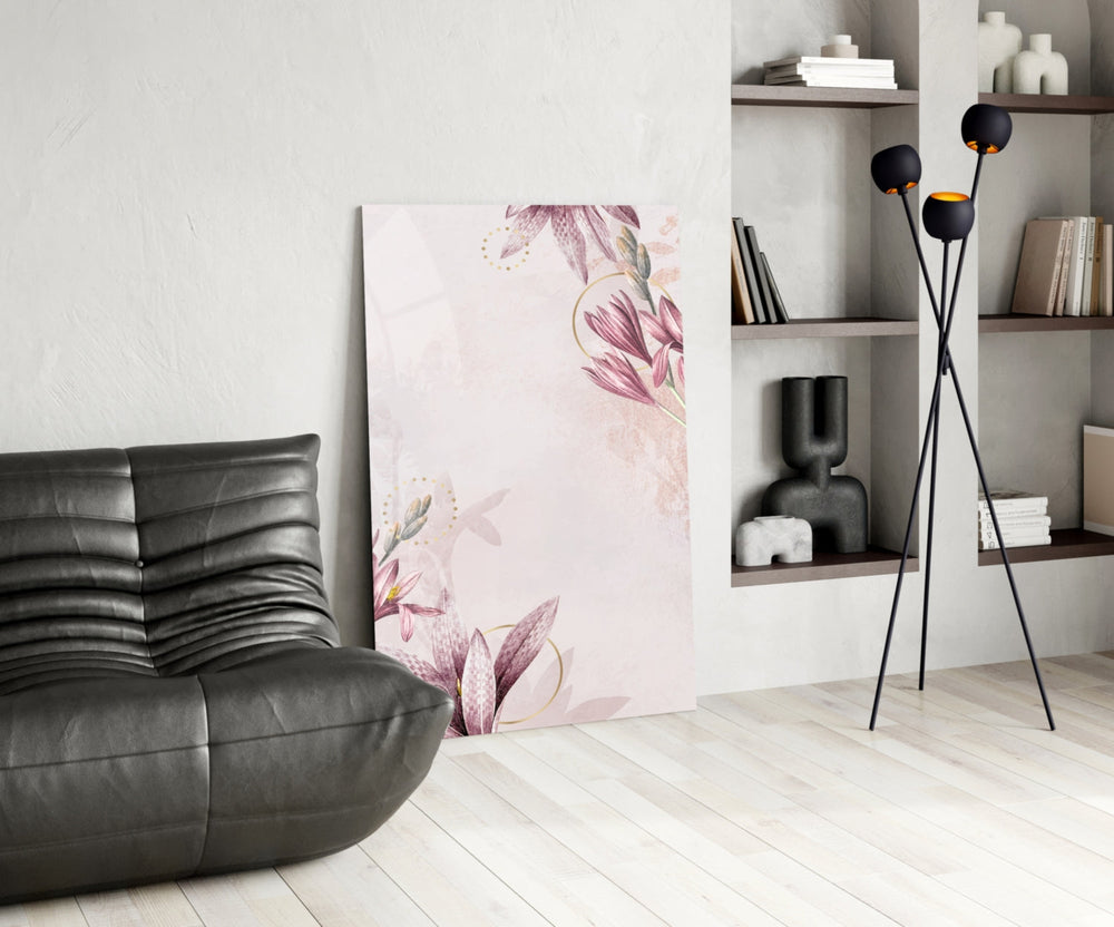 Pembe Çiçek Deseni Cam Tablo
