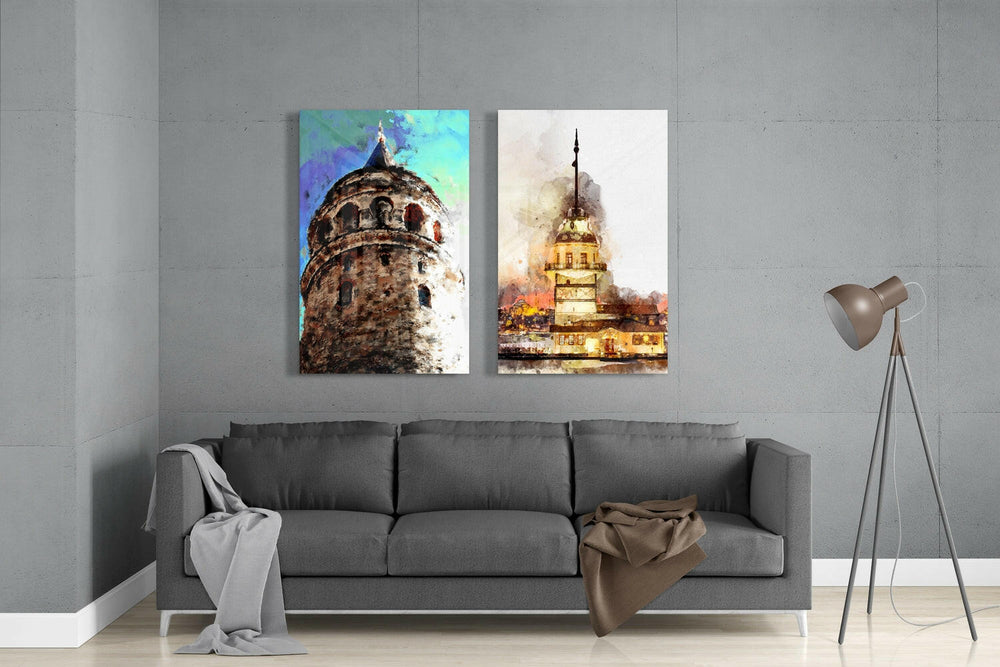 Galata Kulesi Ve Kızlık Kulesi 2 Parçalı Kombin Cam Tablo.