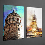 Galata Kulesi Ve Kızlık Kulesi 2 Parçalı Kombin Cam Tablo.