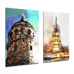 Galata Kulesi Ve Kızlık Kulesi 2 Parçalı Kombin Cam Tablo.