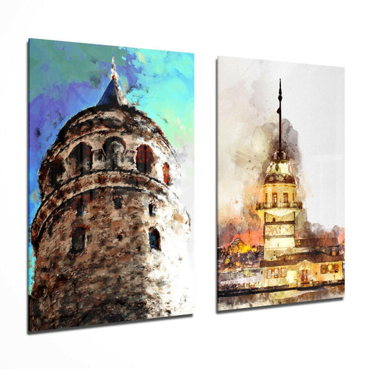 Galata Kulesi Ve Kızlık Kulesi 2 Parçalı Kombin Cam Tablo.