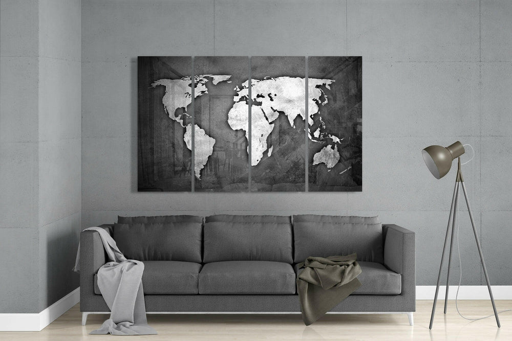 Dünya Haritası 4 Parça Mega Cam Tablo | 150x92 cm.