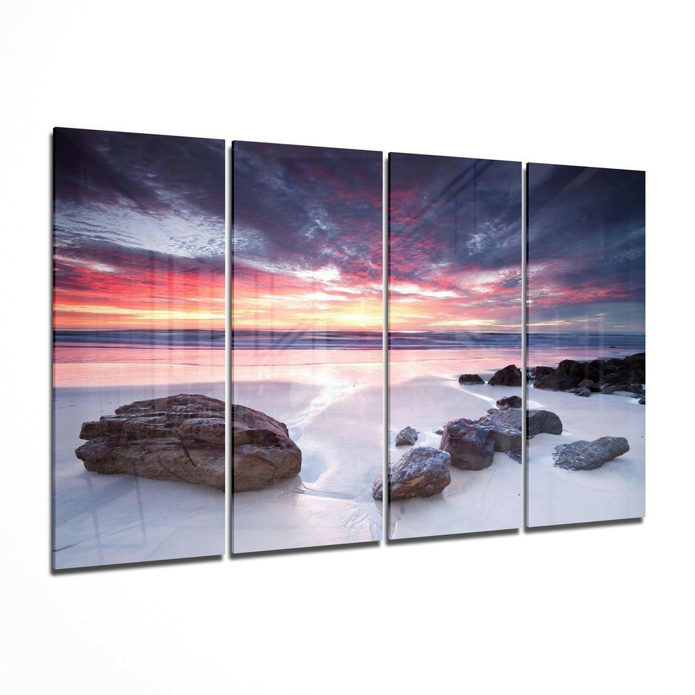 Plajda Gün Batımı 4 Parça Mega Cam Tablo | 150x92 cm.