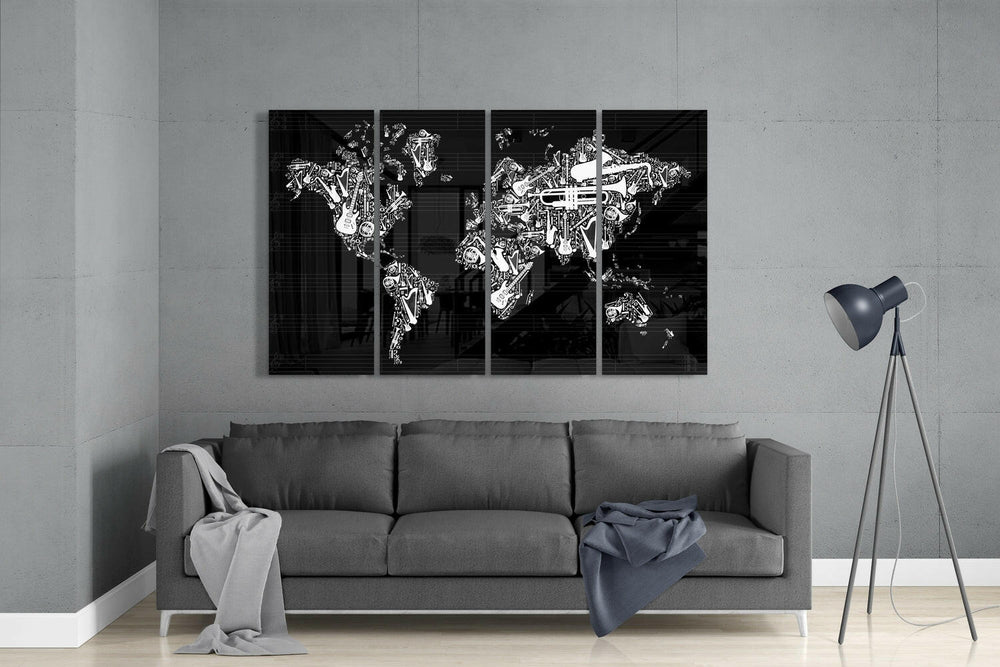 Dünya Haritası 4 Parça Mega Cam Tablo | 150x92 cm.