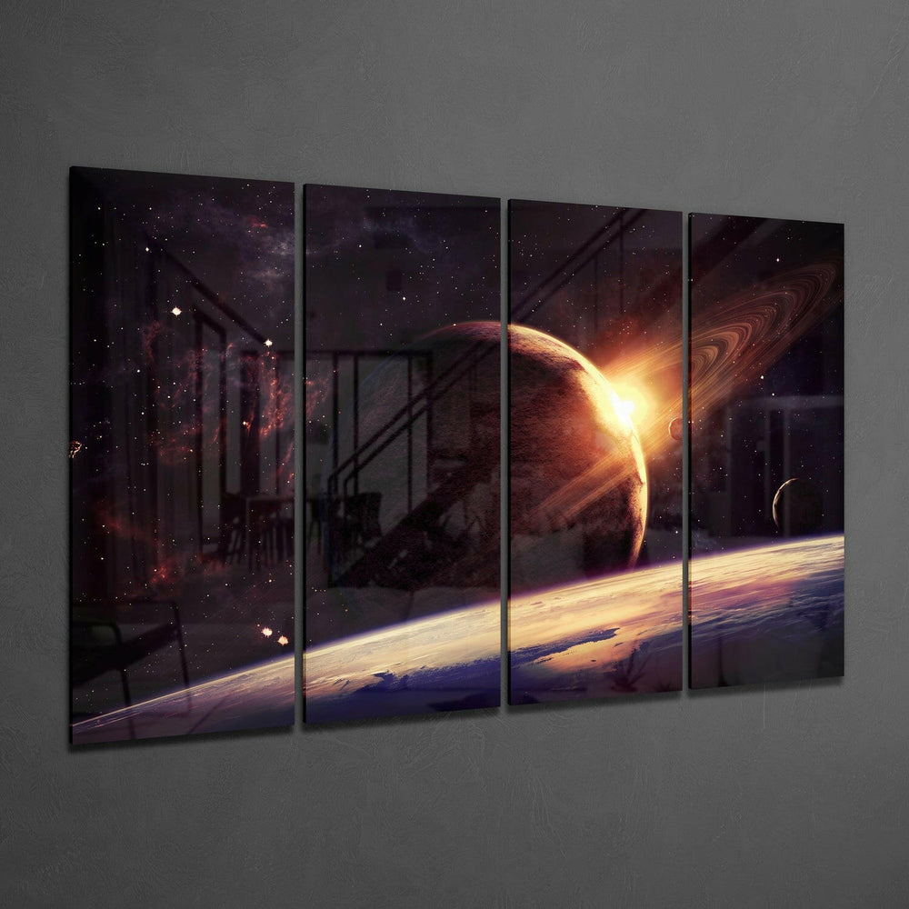Uzayda Gün Batımı 4 Parça Mega Cam Tablo | 150x92 cm.