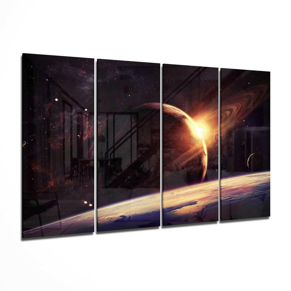 Uzayda Gün Batımı 4 Parça Mega Cam Tablo | 150x92 cm.