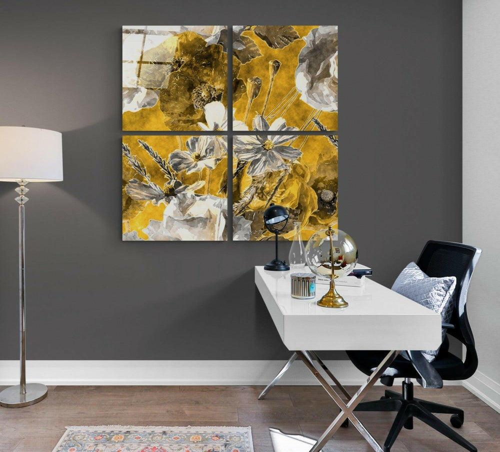 Sonbahar Çiçekleri Quadro Cam Tablo.
