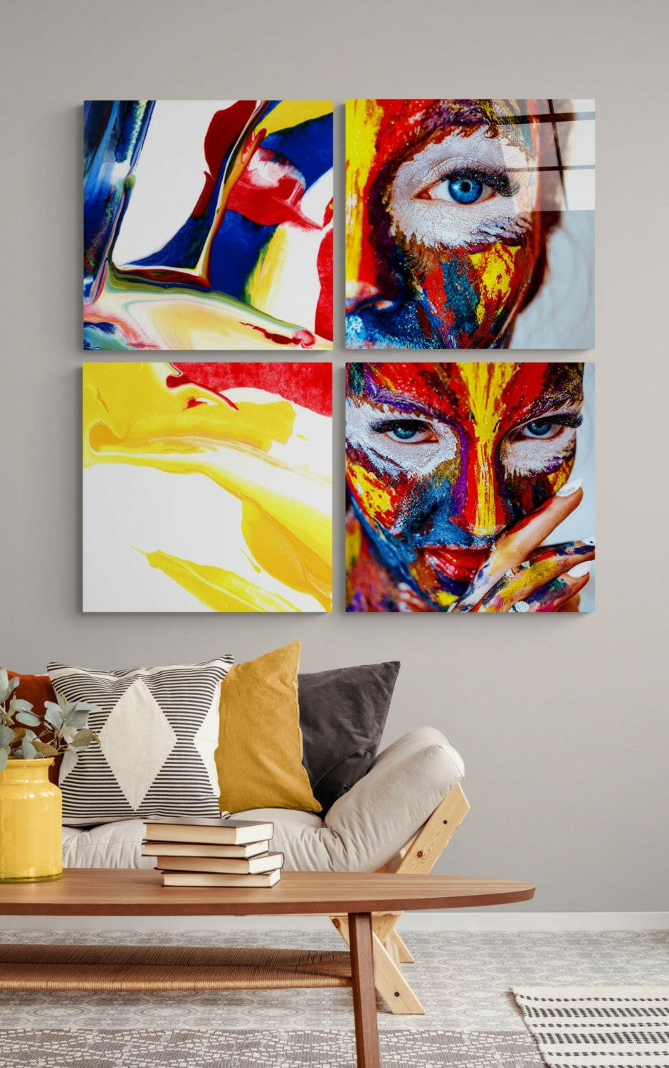 Kadın ve Kırmızı Quadro Cam Tablo.