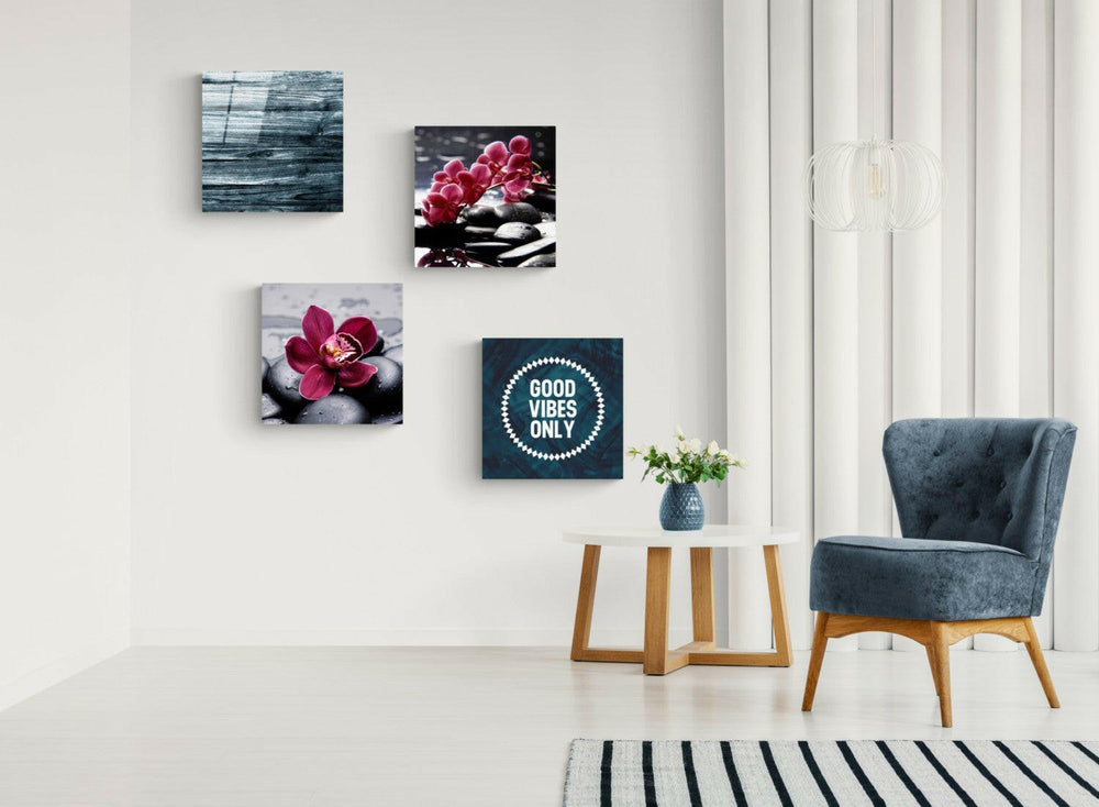 Orkideler ve Taşlar Quadro 4 Parçalı Cam Tablo.