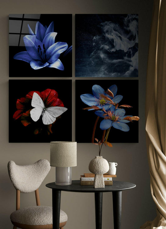 Çiçekler Quadro 4 Parçalı Cam Tablo.