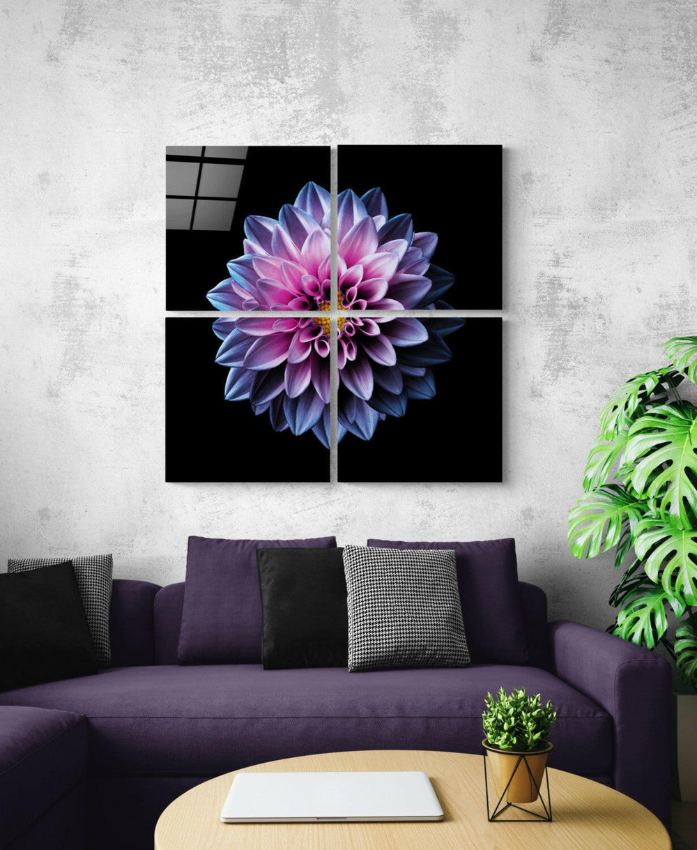 Mor Krizantem Quadro 4 Parçalı Cam Tablo.