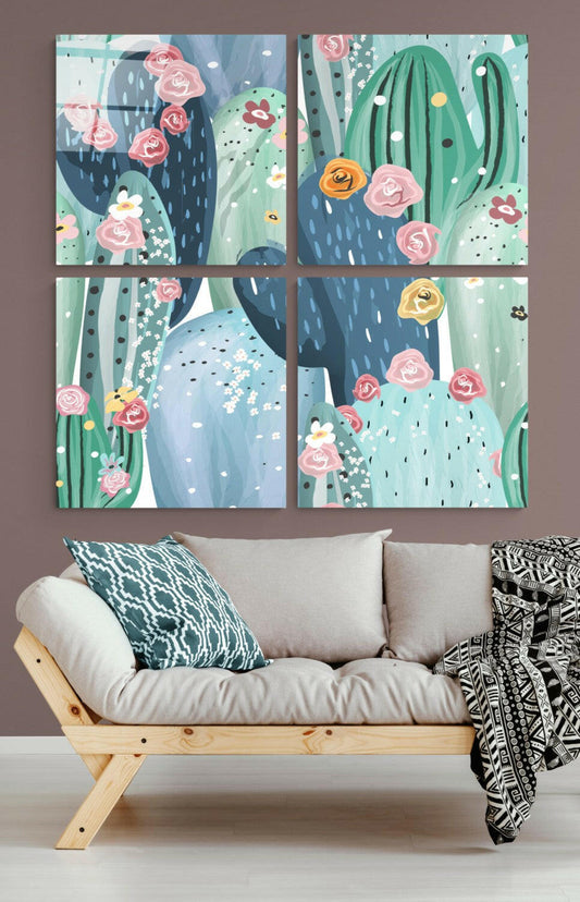 Kaktüs Quadro 4 Parçalı Cam Tablo.